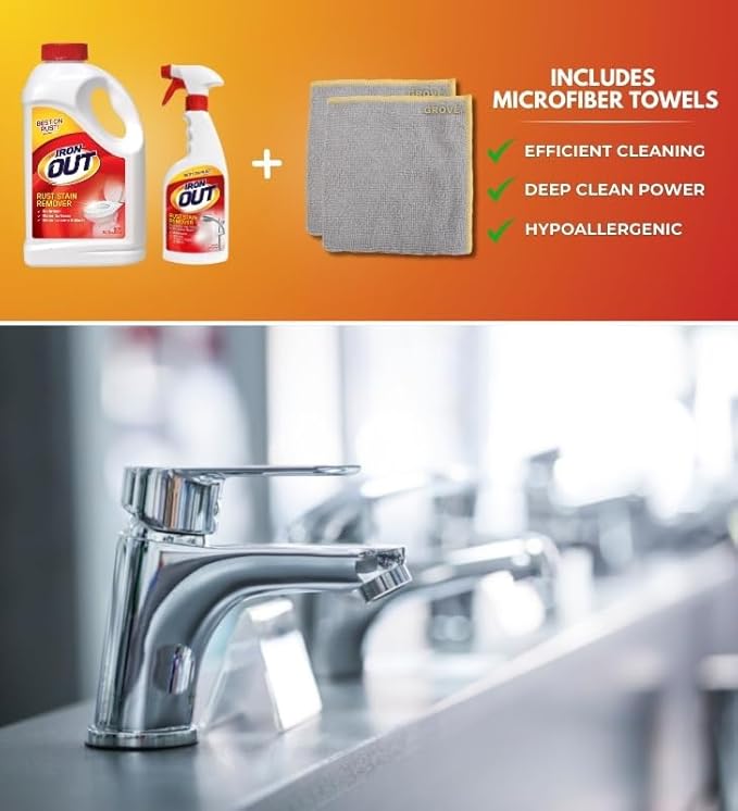 Iron Out Rust Remover Spray 16 oz + 28 oz Powder Bundle with Microfiber Cloth - Rust Stain Remover - Hard Water Toilet Stain Cleaner - Dissolves Rust on Tubs Sinks and Showers - (4 Items)
