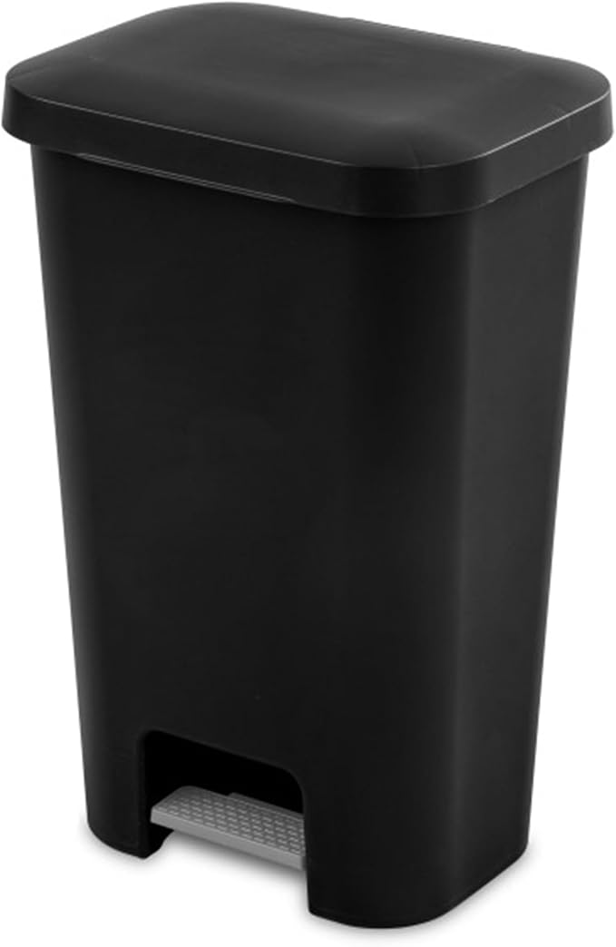 Sterilite 11.9 Gallon Rectangular Step On Kitchen Plastic Indoor Wastebasket with Wide Opening Lid and Comfort Handle for Home Black (8 Pack)