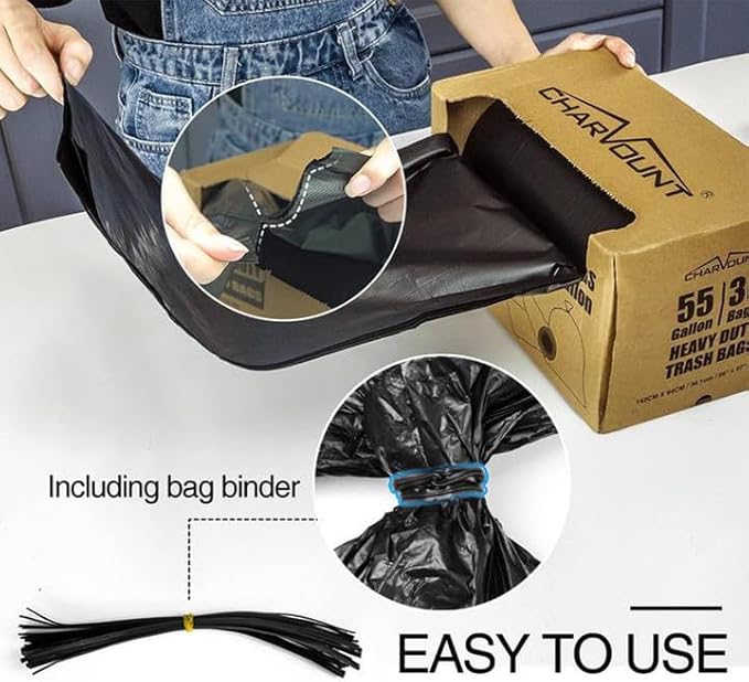 Charmount 55 Gallon Trash Bags1.5 Mil-37x 56 W/Ties Black Large Heavy Duty Garbage Bags for Outdoor Yard Work Lawn &amp Leaf Bags 30 Count