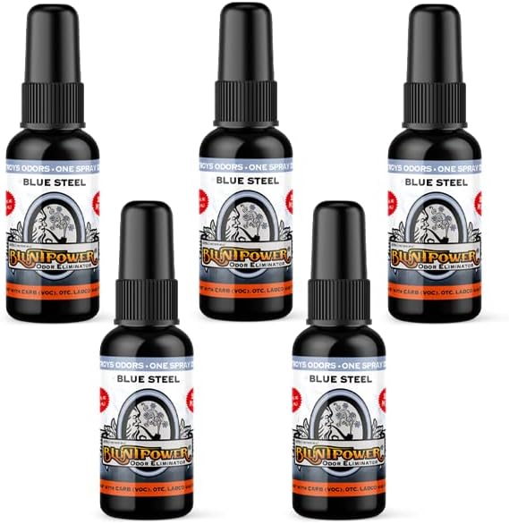 BluntPower (Blue Steel 5 Pack) Concentrated Odor Eliminator and Diffuser Oil - Room Deodorizer Odor Eliminator and Smoke Eliminator Spray - Premium Oil Based Air Freshener &amp Odor Eliminator Spr