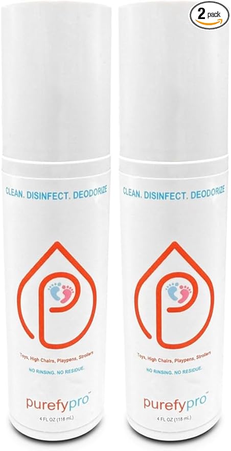 Purefypro Disinfectant Spray (4oz 2pk) for Toys High Chair Playpen Strollers - Kills 99.9999% E Coli Norovirus Flu Viruses Viruses MRSA Bacteria Fungi No Rinse No Residue
