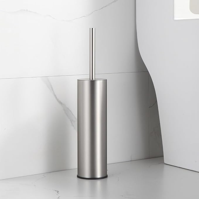 Toilet Brush and Holder Set Brushed Nickel Stainless Steel 304 Heavy Duty Round Toilet Brush Set – Rust Resistant Long Handle Replacement Heads Floor Standing Bathroom Toilet Cleaning