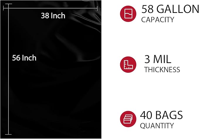 Construction Heavy-Duty Trash Bags 55-60 Gallons | 40 Packs |38 * 56| 3mil Thickness | Professional Puncture Resistance | Suitable for Kitchen CommercialConstruction Sanitation Hotel-MADE IN USA