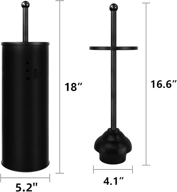 Black Toilet Plunger with Holder Bathroom Metal Canister Holder Drip Cup Heavy Duty Deep Cleaning