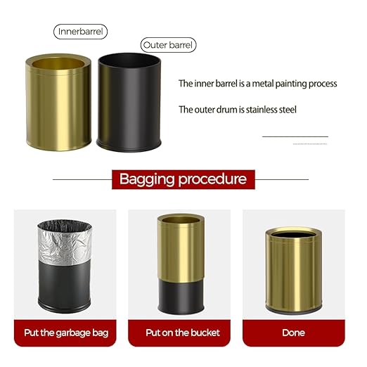 12L/3Gal Antique Brass Bathroom Trash CanBrushed Brass Garbage canSmall Gold Wastebasket for OfficeHotelrestuarantBankBathroomBedroom (Gold 12)