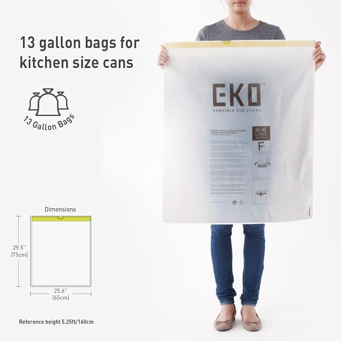 EKO 13 Gallon / 40-60 LiterDrawstring Trash BagsExtra-Strong Unscented Garbage BagsEasy-Dispense Roll for Kitchen &amp Household UseLeak-ResistantCode FWhite60 Count (Pack of 6)