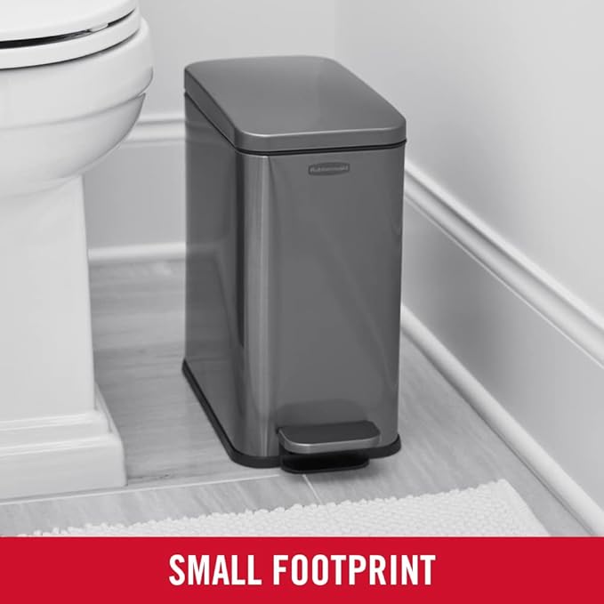 Rubbermaid Stainless Steel Slim Step-On Trash Can 2.6-Gallon Charcoal Wastebasket with Lid for Home/Bathroom/Kitchen