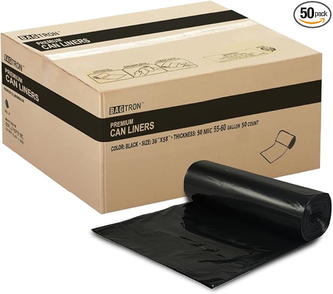 55-60 Gallon Trash Bags 50 Micron Heavy Duty Pure LDPE Garbage Can Liners 36 x 58 Large Black 50 Count