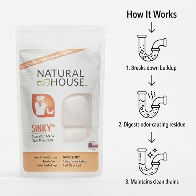 Natural House Sinky - Probiotic Garbage Disposal &amp Drain Cleaner Pods - Breaks Down Grease - Citrus Scent - Septic Safe - 120 Count
