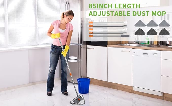 Long Handle Wall Mop 85 Inch Wall Cleaner Ceiling Duster Extension Pole 39 to 85 360° Rotatable Baseboard Wall Window Duster Dry Dust /Wet Wash Cleaning Tool with 6 Replacement Chenille Pads