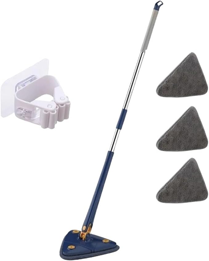 Triangle Cleaning Mop Telescopic 360° Rotatable Adjustable Microfiber with 4 Pads Floor Household Ceiling(Blue 3pcs Cloth)