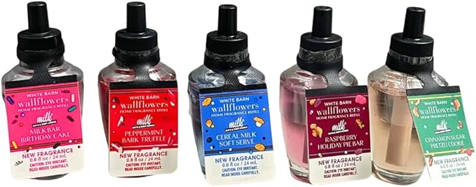 Bath &amp Body Works Wallflowers Refills MILK BAR Collection 2025 5pc Gift Set w/ 30-Inch Metallic Gold &amp Silver Striped Bow – Birthday Cake Cereal Milk Raspberry Pie Peppermint Bark &amp Cin