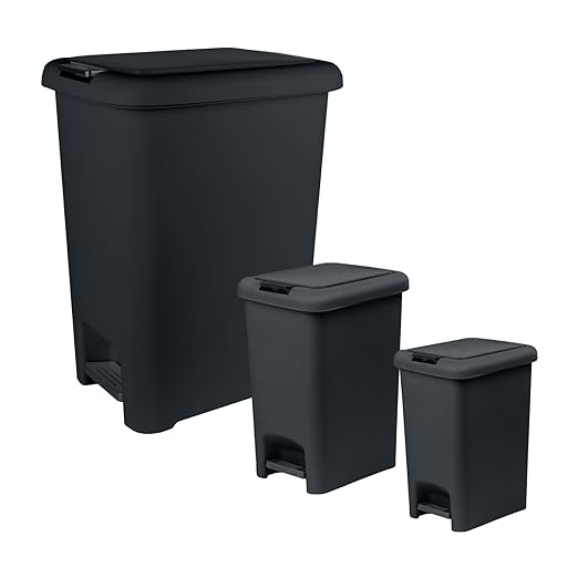 Superio 6.5L 10L and 48L Slim Step &amp Push Trash Cans - 3 Pack Dual Opening Smooth Matte Finish Durable Plastic - Black