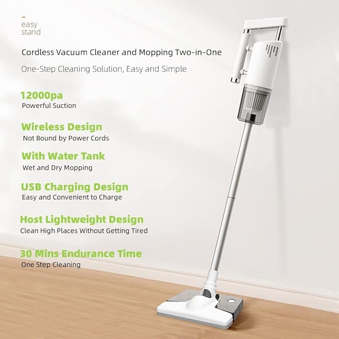 Cordless Stick Vacuum Cleaner and Mop All in One Cordless Wet Dry Vacuum Cleaner with Water Tank 30 Min-Running 12000Pa Suction Upright Vacuum Cleaner and Mop Combo for Hard Floor Pet Hairs (White)