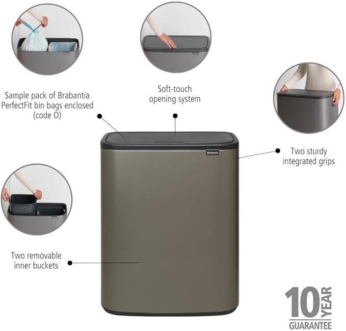 Brabantia Bo Touch Top Kitchen Trash Can with Dual Compartments | Platinum | 2 x 8 Gal Inner Buckets | Soft-Close Garbage Can Light Touch Opening Stay-Open Lid | Fits Against Wall | + Trash Bags