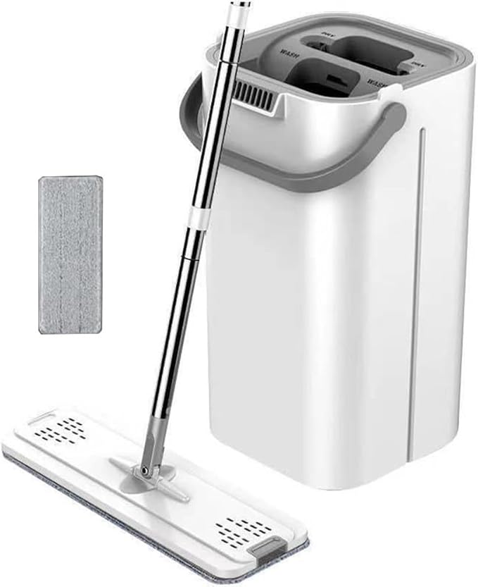 Hands-Free Flat Wet and Dry Dual-Use Mop with Bucket for Floor Cleaning Gray(White)