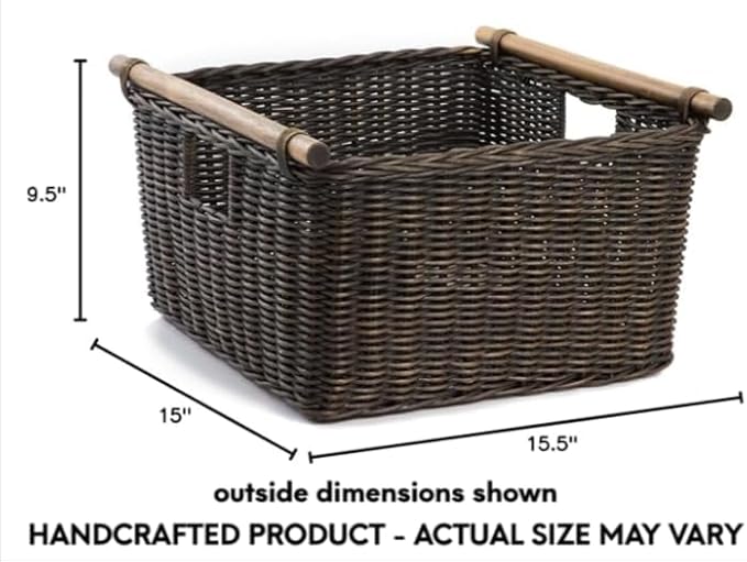 The Basket Lady Deep Pole Handle Wicker Storage Basket Large 15 in L x 15.5 in W x 9.5 in H Antique Walnut Brown