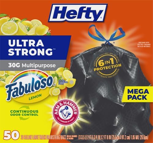 Hefty Ultra Strong 30 Gallon Trash Bags Large Size Multipurpose Break Resistant Drawstring Closure Resists Leaks Punctures and Tears Black Fabuloso Lemon Scent 50 Bags (Pack of 3)