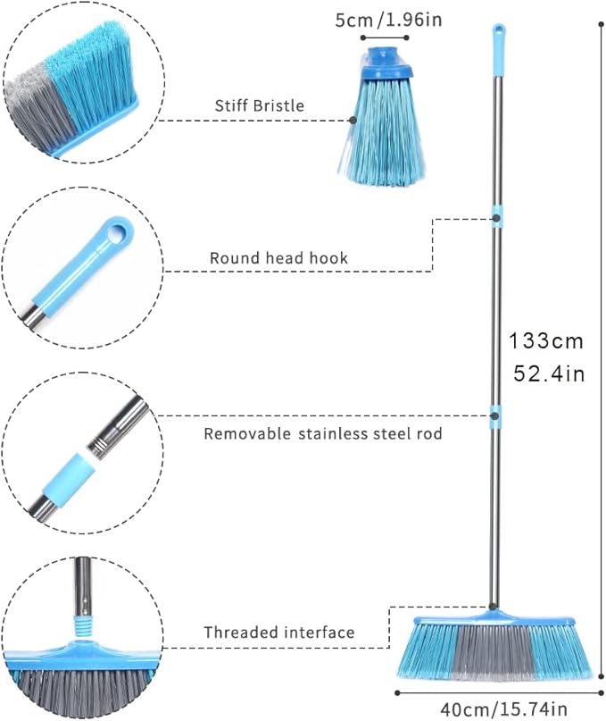 LandHope Heavy Duty Broom 15.75in Wide Push Broom 45.67in Long Handle Adjustable Floor Sweeper for Indoor Outdoor Commercial Warehouse Home Kitchen Patio Garden Garage
