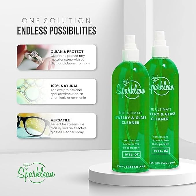 SPARKLEAN Jewelry &amp Glass Cleaner Spray (8 Oz) - Biodegradable Ammonia-Free Solution for Gold Silver &amp Diamond Rings - Safe for All Metals &amp Gemstones - Eco-Friendly - Everyday Size