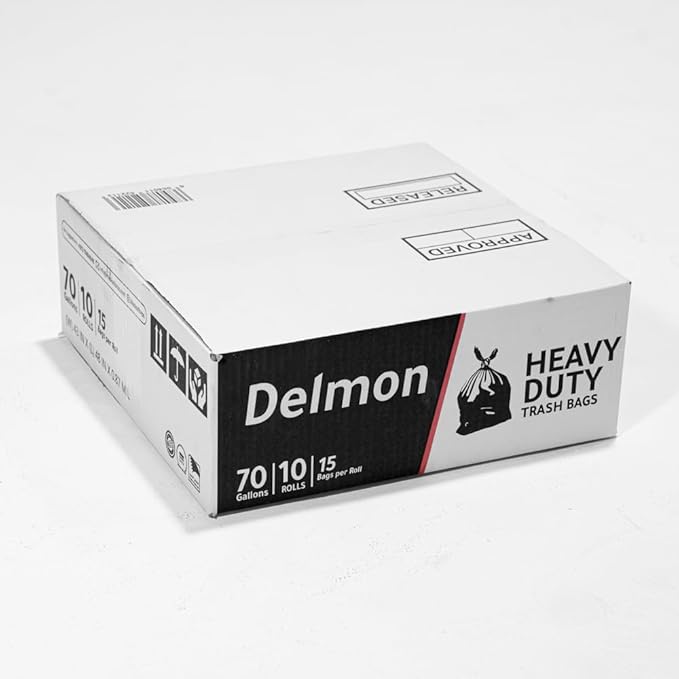 Delmon Trash Bags - 150 Bags / 10 Rolls Carton - 70 Gallons - Thick and Heavy Duty Trash Bag for Commercial Home &amp Kitchen UseFits Toter Curbside Bins - W 43” L 48” Thickness 0.87MIL