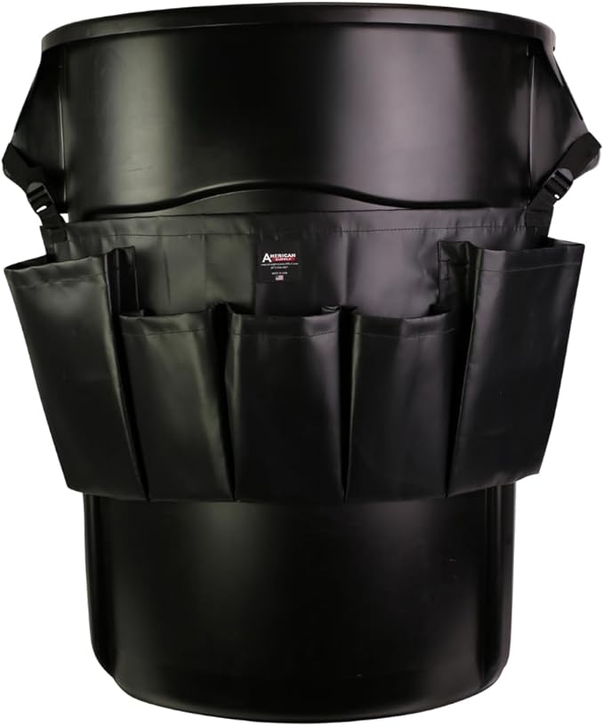 American Supply 5-Pocket Trash Can Caddy Bag – Heavy-Duty Organizer for 32-55 Gallon Round Trash Bins | Janitorial Cleaning Tool Pouch (Black)