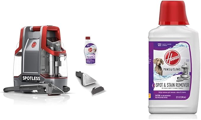 Hoover Spotless Portable Carpet &amp Upholstery Spot Cleaner FH11300PC Red and Hoover Paws &amp Claws Premixed Spot Machine Cleaning Shampoo Pet Stain Solution and Odor Remover 32oz Formula AH3