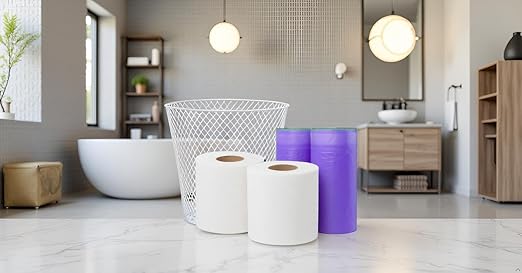 (1) White Waste Basket 9in Mesh Trash Round Garbage Can Bin (2) Toilet Paper Rolls w/ (2) Purple Trash Bags Wastebasket Home Office Bedroom Bathroom Kitchen Workspace Compact