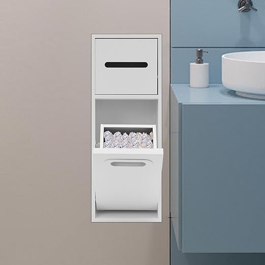 3 Gallon Bathroom Trash Can Niche Recessed Trash Can Cabinet with 2 Tiers Storage Stainless Steel Garbage Bins with Toilet Paper Holder for Bathroom Kitchen Bedroom Hotels (White)