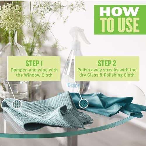 E-Cloth Microfiber Window Cleaning Cloth Kit - Glass Cleaning Cloth for Windows Mirrors Cars Lenses Eyeglasses &amp More Streak Free Clean Machine Washable Reusable Towel - Green (2 Kits)