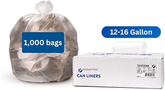 Inteplast 12-16 Gallon Trash Can Liners 8 Mic Thickness Natural Color - 1000 Bags