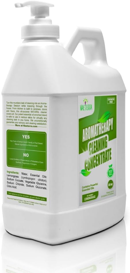 Naeterra Lemongrass Aromatherapy Cleaning Concentrate 64 oz - Natural All Purpose Multi Surface Cleaner - Plant Based Essential Oil Formula for Floors Glass &amp Granite - Pet Safe - Makes 24 Gallons