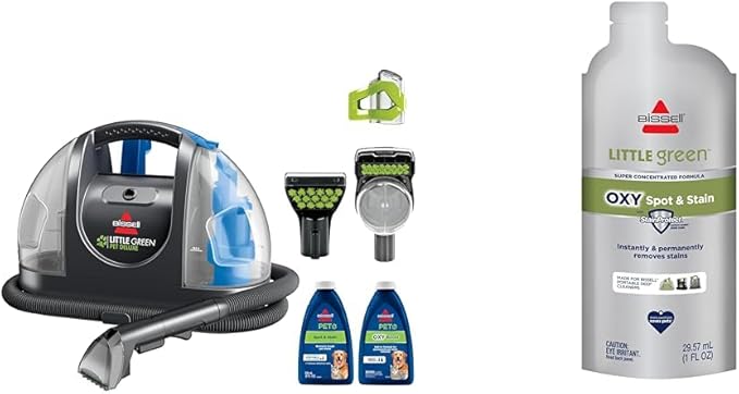Bissell Little Green Pet Deluxe Portable Carpet Cleaner and Car/Auto Detailer 3353 + NEW BISSELL Little Green Pro Oxy Spot &amp Stain Super Concentrate Cleaning Formula for Portable Deep Cleaners