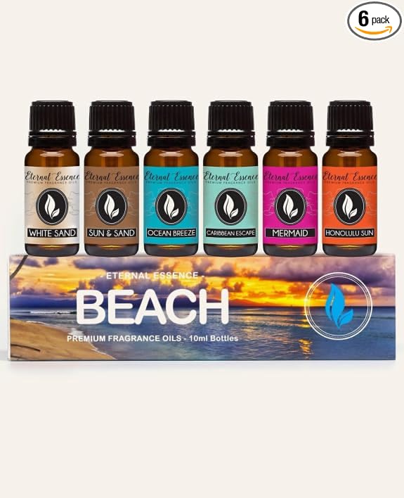 Eternal Essence Oils Beach Set of 6 Premium Fragrance Oils - Includes White Sand Ocean Breeze Honolulu Sun Mermaid Caribbean Escape and Sun &amp Sand Scented Oils - 10ML