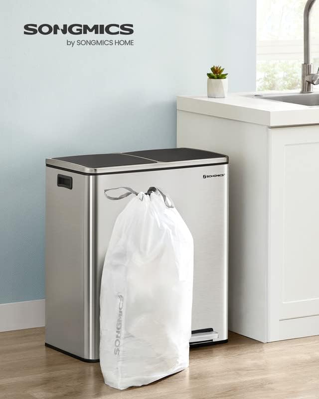 SONGMICS 4-Roll and 2-Roll Drawstring Trash Bags Bundle 8.5 Gal. Garbage Bags for 8 Gal. or 16 Gal. Dual Trash Cans Custom-Fit Liner Code 30A 270 Count Total White UKRB030A04 and UKRB30A02