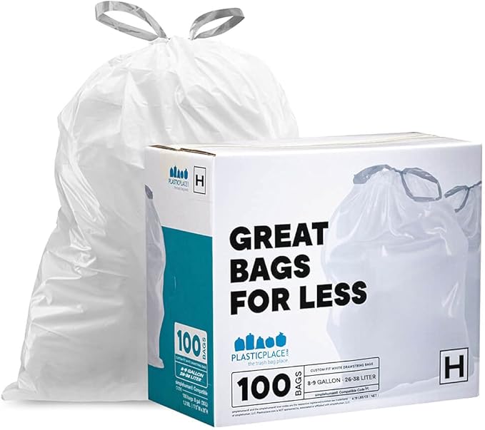 Plasticplace Custom Fit Trash Bags │ simplehuman Code K Compatible │ White Drawstring Garbage Liners 10 Gallon / 38 Liter │ 24.4 x 28 &amp simplehuman Code H Compatible Drawstring Garbage Liners W