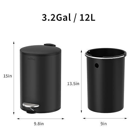 mVm Bathroom Trash Can3.2 Gallon/12 Lliter Step Round Trash Can with Lid and Foot PedalSoft-Close.Stainless Steel Garbage Can for BathroomBedroomOfficeLiving Room (Matte Black)