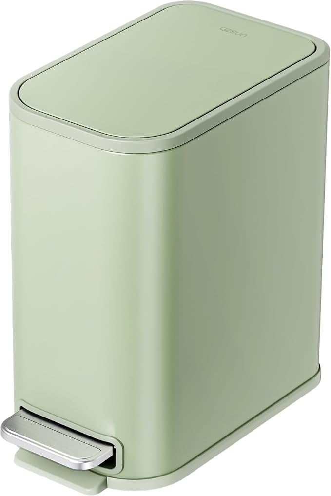 Cesun Small Bathroom Trash Can with Lid Soft Close Step Pedal 5 Liter / 1.3 Gallon Stainless Steel Garbage Can with Removable Inner Bucket Waste Basket for Bathroom Bedroom (Green)