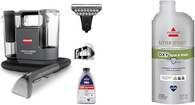 BISSELL Little Green Cordless Portable Deep Cleaner with 25V Lithium-Ion Battery &amp Battery-Boost Technology 3682 + NEW BISSELL Little Green Pro Oxy Spot &amp Stain Super Concentrate
