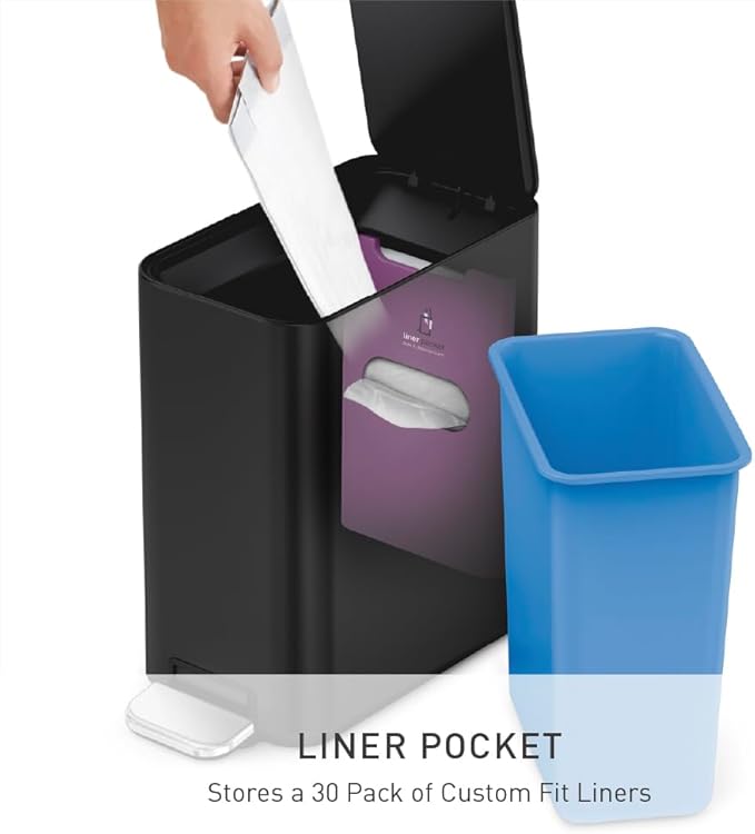 simplehuman 5L Slim Bathroom Trash Can with Soft Close Lid Stainless Steel Waste Basket with Liner Pocket 5 Liter / 1.3 Gallon Matte Black