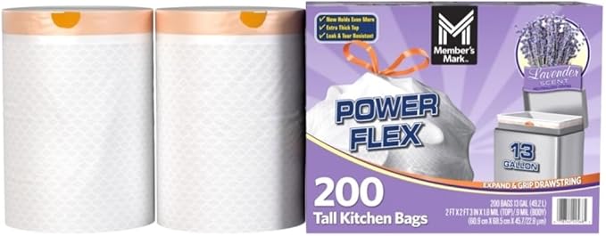 Member-Mark PowerFlex 13 Gallon Lavender-Scented Tall Kitchen Trash Bags 200 Count with Durable Drawstring Closure Custom Bundled by MOOCHI