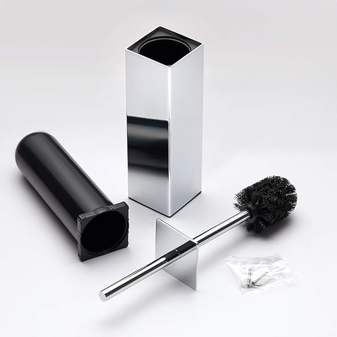 Chrome Square Stainless Steel Toilet Brush with Holder 304 Modern Toilet Brush Set – Rust Resistant Long Handle Replacement Heads Floor Standing Bathroom Toilet Cleaning Brush