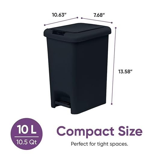 Superio 10L Slim Step &amp Push Trash Can - 2.5 Gallon Dual Opening Compact Design (10.63x7.68x13.53) - Black