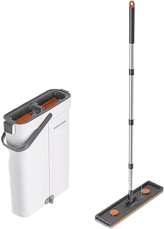 Spin Hand Free Flat Mop 33cm with Bucket Set Floor Cleaning Wet&ampDry System Separation for Living Room Toilet Home Mops(33cm-Bucket-2-Mop)
