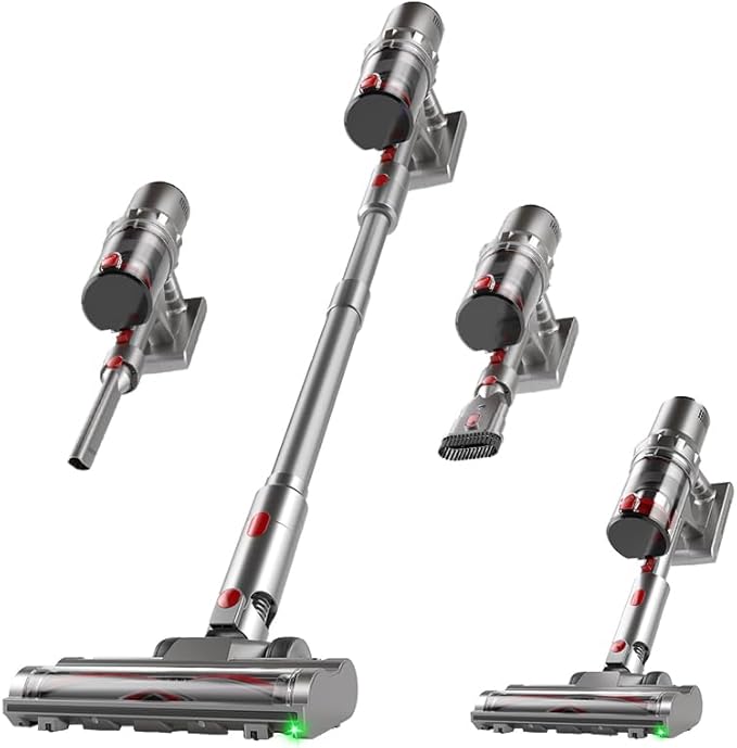 Hearten Cordless Stick Vacuum Lightweight Cleaner 45 Mins Runtime for Home Pet Hair Carpet Hardwood (Silver Big)