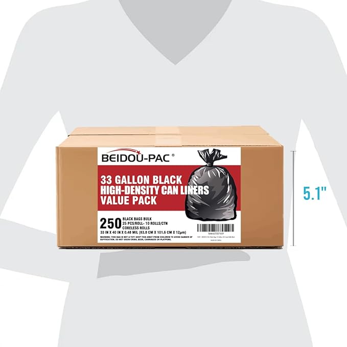 33 Gallon Trash Bags 250 Count Bulk Black Garbage bags Multi-purpose Trash Can Bin Liners for Home Commercial Outdoor Construction Industrial Janitorial Municipal Lawn Leaf