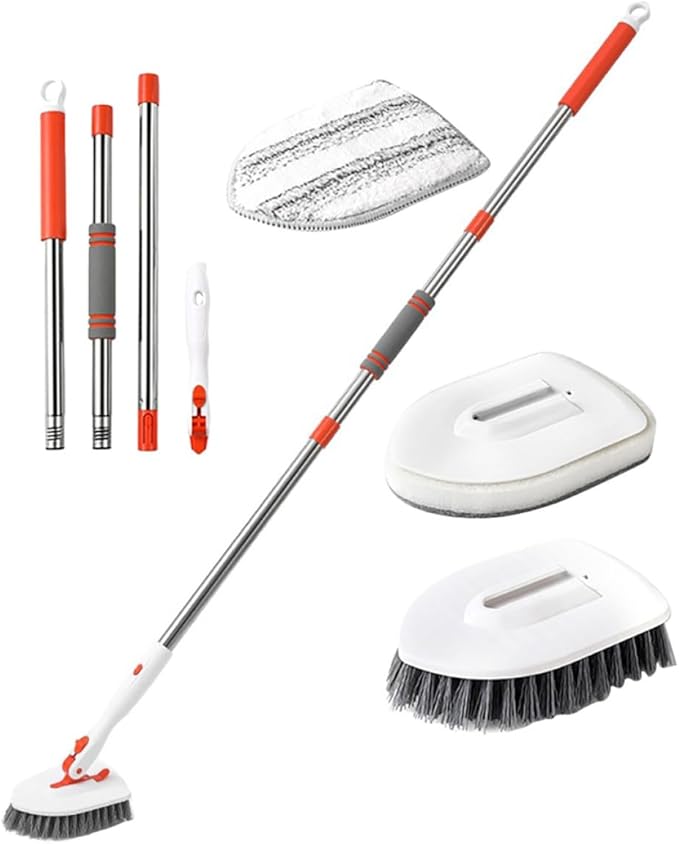 Bathroom Floor Brush Set with Hard Bristle Scrubber and Fiber Cloth Multipurpose Tile Cleaning Brush for Shower Tub and Grout 3-Section Handle for Extended Reach Bathroom