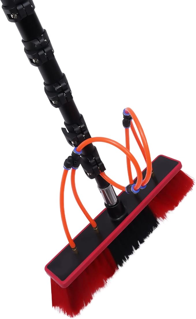 Telescopic Water Fed Pole Brush 65ft Length Stretchable Solar Panel Cleaning Brush Kit Car Glass Washing Equipment Tool Outdoor Window Cleaner w/Hose Extension Pole Water Spray Washer(65ft)