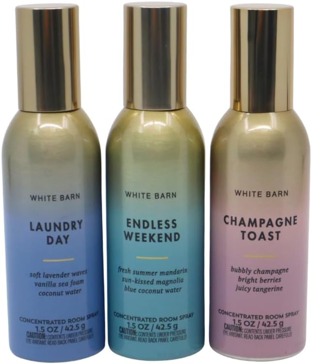 Bath &amp Body Works LAUNDRY DAY CHAMPAGNE TOAST ENDLESS WEEKEND Concentrated Room Spray 3pc bundle Gift Set with a Blue Bow for Holiday 1.5 oz each