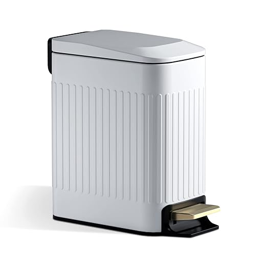 Small Bathroom Trash Can with Lid Soft Close-6L/1.6 Gal Slim Step Garbage Can-Metal Pedal Wastebasket-Narrow Rectangle Garbage Container Bin for Corner Office Bedroom Toilet Live Room-White